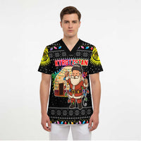 Kyrgyzstan Christmas Scrub Top with Santa Decorating Yurt Colorful Lights Snowflakes and National - Wonder Print Shop