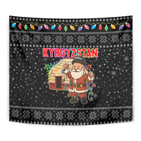 Kyrgyzstan Christmas Tapestry with Santa Decorating Yurt Colorful Lights Snowflakes and National - Wonder Print Shop