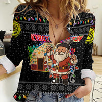 Kyrgyzstan Christmas Women Casual Shirt with Santa Decorating Yurt Colorful Lights Snowflakes and National - Wonder Print Shop