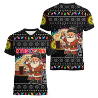 Kyrgyzstan Christmas Women V-Neck T-Shirt with Santa Decorating Yurt Colorful Lights Snowflakes and National - Wonder Print Shop