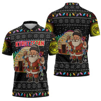 Kyrgyzstan Christmas Zipper Polo Shirt with Santa Decorating Yurt Colorful Lights Snowflakes and National - Wonder Print Shop