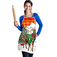 Kyrgyzstan Christmas Apron with Mountain Goat in Festive Red Snowflake Pattern and Holiday Tree - Wonder Print Shop
