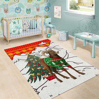 Kyrgyzstan Christmas Area Rug with Mountain Goat in Festive Red Snowflake Pattern and Holiday Tree - Wonder Print Shop