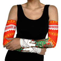 Kyrgyzstan Christmas Arm Sleeves with Mountain Goat in Festive Red Snowflake Pattern and Holiday Tree - Wonder Print Shop
