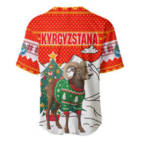 Kyrgyzstan Christmas Baseball Jersey with Mountain Goat in Festive Red Snowflake Pattern and Holiday Tree - Wonder Print Shop