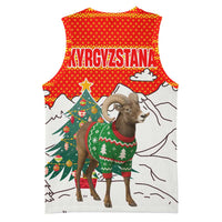 Kyrgyzstan Christmas Basketball Jersey with Mountain Goat in Festive Red Snowflake Pattern and Holiday Tree - Wonder Print Shop