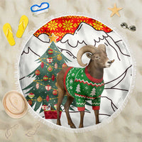 Kyrgyzstan Christmas Beach Blanket with Mountain Goat in Festive Red Snowflake Pattern and Holiday Tree - Wonder Print Shop