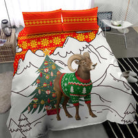 Kyrgyzstan Christmas Bedding Set with Mountain Goat in Festive Red Snowflake Pattern and Holiday Tree - Wonder Print Shop