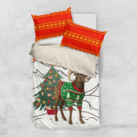 Kyrgyzstan Christmas Bedding Set with Mountain Goat in Festive Red Snowflake Pattern and Holiday Tree - Wonder Print Shop