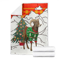 Kyrgyzstan Christmas Blanket with Mountain Goat in Festive Red Snowflake Pattern and Holiday Tree - Wonder Print Shop