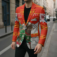 Kyrgyzstan Christmas Blazer with Mountain Goat in Festive Red Snowflake Pattern and Holiday Tree - Wonder Print Shop