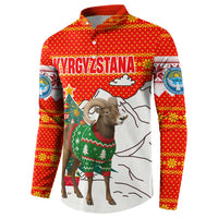 Kyrgyzstan Christmas Button Sweatshirt with Mountain Goat in Festive Red Snowflake Pattern and Holiday Tree - Wonder Print Shop