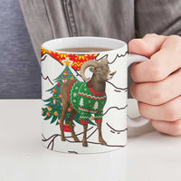 Kyrgyzstan Christmas Ceramic Mug with Mountain Goat in Festive Red Snowflake Pattern and Holiday Tree - Wonder Print Shop
