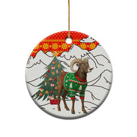 Kyrgyzstan Christmas Ceramic Ornament with Mountain Goat in Festive Red Snowflake Pattern and Holiday Tree - Wonder Print Shop