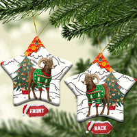 Kyrgyzstan Christmas Ceramic Ornament with Mountain Goat in Festive Red Snowflake Pattern and Holiday Tree - Wonder Print Shop