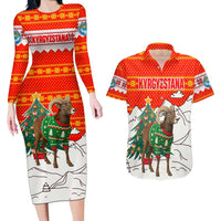 Kyrgyzstan Christmas Couples Matching Long Sleeve Bodycon Dress and Hawaiian Shirt with Mountain Goat in Festive Red Snowflake Pattern and Holiday Tree - Wonder Print Shop