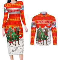 Kyrgyzstan Christmas Couples Matching Long Sleeve Bodycon Dress and Long Sleeve Button Shirt with Mountain Goat in Festive Red Snowflake Pattern and Holiday Tree - Wonder Print Shop