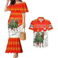 Kyrgyzstan Christmas Couples Matching Mermaid Dress and Hawaiian Shirt with Mountain Goat in Festive Red Snowflake Pattern and Holiday Tree - Wonder Print Shop