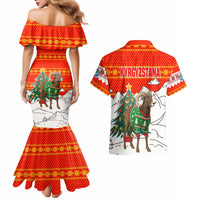 Kyrgyzstan Christmas Couples Matching Mermaid Dress and Hawaiian Shirt with Mountain Goat in Festive Red Snowflake Pattern and Holiday Tree - Wonder Print Shop