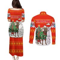 Kyrgyzstan Christmas Couples Matching Puletasi and Long Sleeve Button Shirt with Mountain Goat in Festive Red Snowflake Pattern and Holiday Tree - Wonder Print Shop