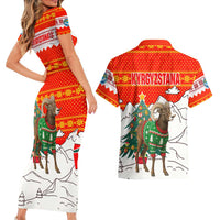 Kyrgyzstan Christmas Couples Matching Short Sleeve Bodycon Dress and Hawaiian Shirt with Mountain Goat in Festive Red Snowflake Pattern and Holiday Tree - Wonder Print Shop