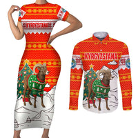 Kyrgyzstan Christmas Couples Matching Short Sleeve Bodycon Dress and Long Sleeve Button Shirt with Mountain Goat in Festive Red Snowflake Pattern and Holiday Tree - Wonder Print Shop