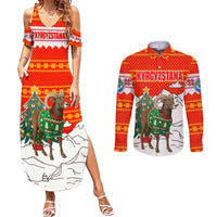 Kyrgyzstan Christmas Couples Matching Summer Maxi Dress and Long Sleeve Button Shirt with Mountain Goat in Festive Red Snowflake Pattern and Holiday Tree - Wonder Print Shop