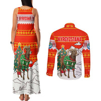 Kyrgyzstan Christmas Couples Matching Tank Maxi Dress and Long Sleeve Button Shirt with Mountain Goat in Festive Red Snowflake Pattern and Holiday Tree - Wonder Print Shop
