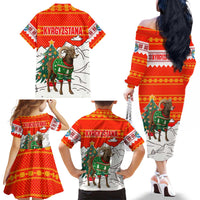 Kyrgyzstan Christmas Family Matching Off The Shoulder Long Sleeve Dress and Hawaiian Shirt with Mountain Goat in Festive Red Snowflake Pattern and Holiday Tree - Wonder Print Shop
