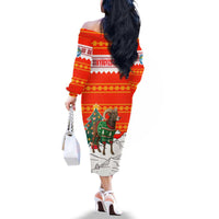 Kyrgyzstan Christmas Family Matching Off The Shoulder Long Sleeve Dress and Hawaiian Shirt with Mountain Goat in Festive Red Snowflake Pattern and Holiday Tree - Wonder Print Shop