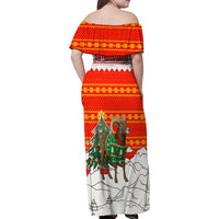 Kyrgyzstan Christmas Family Matching Off Shoulder Maxi Dress and Hawaiian Shirt with Mountain Goat in Festive Red Snowflake Pattern and Holiday Tree - Wonder Print Shop