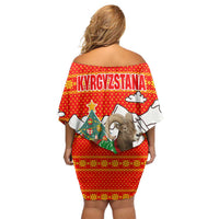 Kyrgyzstan Christmas Family Matching Off Shoulder Short Dress and Hawaiian Shirt with Mountain Goat in Festive Red Snowflake Pattern and Holiday Tree - Wonder Print Shop