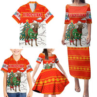 Kyrgyzstan Christmas Family Matching Puletasi and Hawaiian Shirt with Mountain Goat in Festive Red Snowflake Pattern and Holiday Tree - Wonder Print Shop