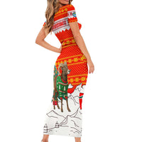 Kyrgyzstan Christmas Family Matching Short Sleeve Bodycon Dress and Hawaiian Shirt with Mountain Goat in Festive Red Snowflake Pattern and Holiday Tree - Wonder Print Shop
