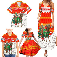 Kyrgyzstan Christmas Family Matching Summer Maxi Dress and Hawaiian Shirt with Mountain Goat in Festive Red Snowflake Pattern and Holiday Tree - Wonder Print Shop
