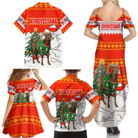 Kyrgyzstan Christmas Family Matching Summer Maxi Dress and Hawaiian Shirt with Mountain Goat in Festive Red Snowflake Pattern and Holiday Tree - Wonder Print Shop