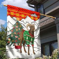 Kyrgyzstan Christmas Garden Flag with Mountain Goat in Festive Red Snowflake Pattern and Holiday Tree - Wonder Print Shop