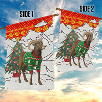 Kyrgyzstan Christmas Garden Flag with Mountain Goat in Festive Red Snowflake Pattern and Holiday Tree - Wonder Print Shop