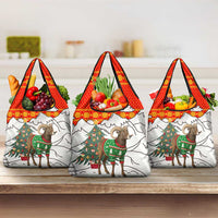 Kyrgyzstan Christmas Grocery Bag with Mountain Goat in Festive Red Snowflake Pattern and Holiday Tree - Wonder Print Shop