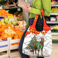 Kyrgyzstan Christmas Grocery Bag with Mountain Goat in Festive Red Snowflake Pattern and Holiday Tree - Wonder Print Shop