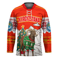 Kyrgyzstan Christmas Hockey Jersey with Mountain Goat in Festive Red Snowflake Pattern and Holiday Tree - Wonder Print Shop