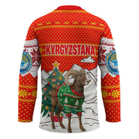 Kyrgyzstan Christmas Hockey Jersey with Mountain Goat in Festive Red Snowflake Pattern and Holiday Tree - Wonder Print Shop