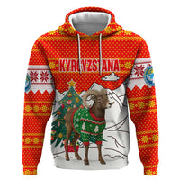 Kyrgyzstan Christmas Hoodie with Mountain Goat in Festive Red Snowflake Pattern and Holiday Tree - Wonder Print Shop