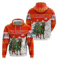 Kyrgyzstan Christmas Hoodie with Mountain Goat in Festive Red Snowflake Pattern and Holiday Tree - Wonder Print Shop