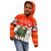 Kyrgyzstan Christmas Kid Hoodie with Mountain Goat in Festive Red Snowflake Pattern and Holiday Tree - Wonder Print Shop