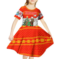 Kyrgyzstan Christmas Kid Short Sleeve Dress with Mountain Goat in Festive Red Snowflake Pattern and Holiday Tree - Wonder Print Shop