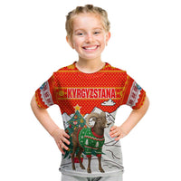 Kyrgyzstan Christmas Kid T Shirt with Mountain Goat in Festive Red Snowflake Pattern and Holiday Tree - Wonder Print Shop