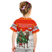 Kyrgyzstan Christmas Kid T Shirt with Mountain Goat in Festive Red Snowflake Pattern and Holiday Tree - Wonder Print Shop