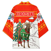 Kyrgyzstan Christmas Kimono with Mountain Goat in Festive Red Snowflake Pattern and Holiday Tree - Wonder Print Shop