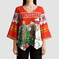 Kyrgyzstan Christmas Kimono Sleeve Blouse with Mountain Goat in Festive Red Snowflake Pattern and Holiday Tree - Wonder Print Shop